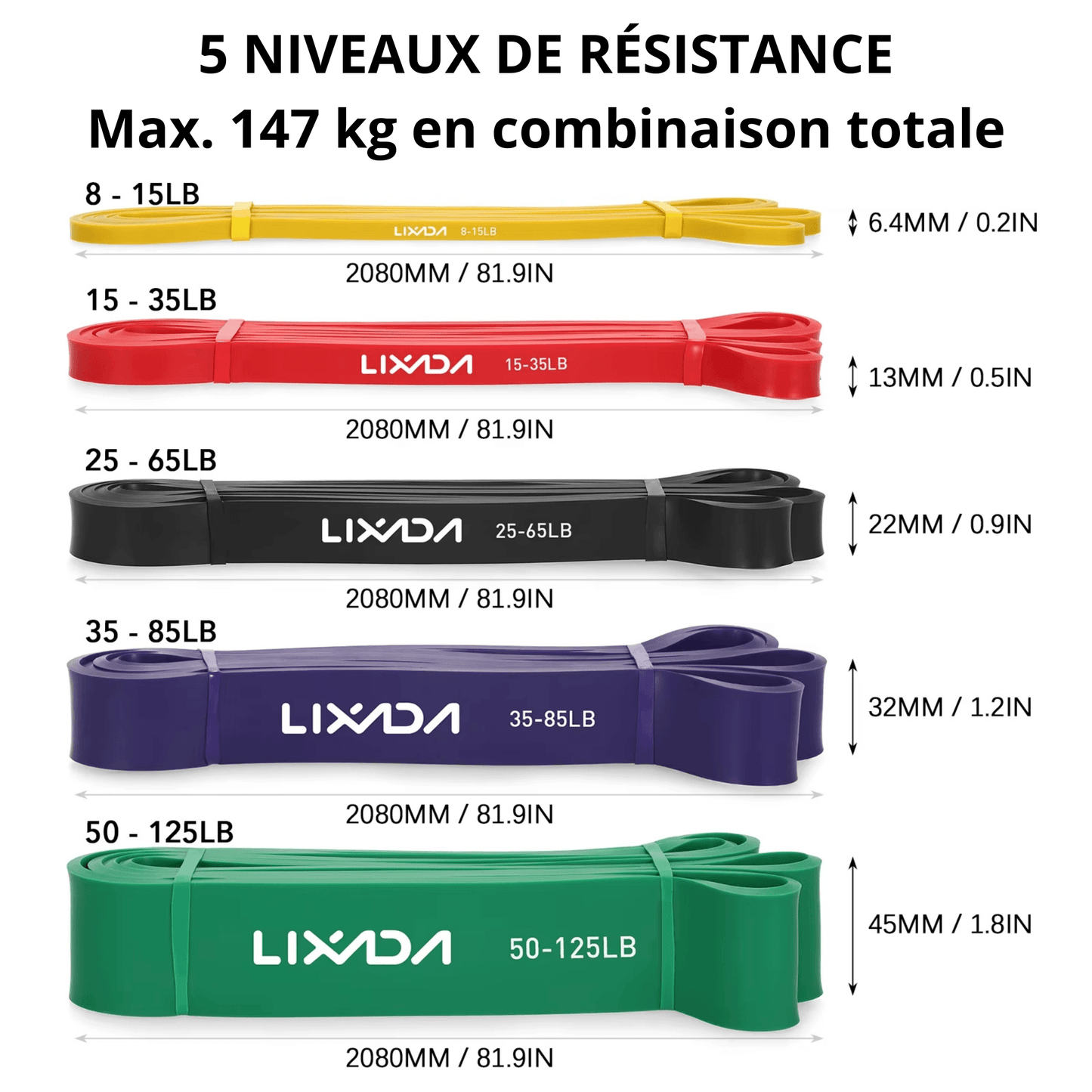 Présentation des 5 niveaux de résistance des bandes élastiques, allant de 8 à 125 lbs. Longueur standard de 2080 mm, avec différentes épaisseurs pour une adaptation progressive à l'entraînement.