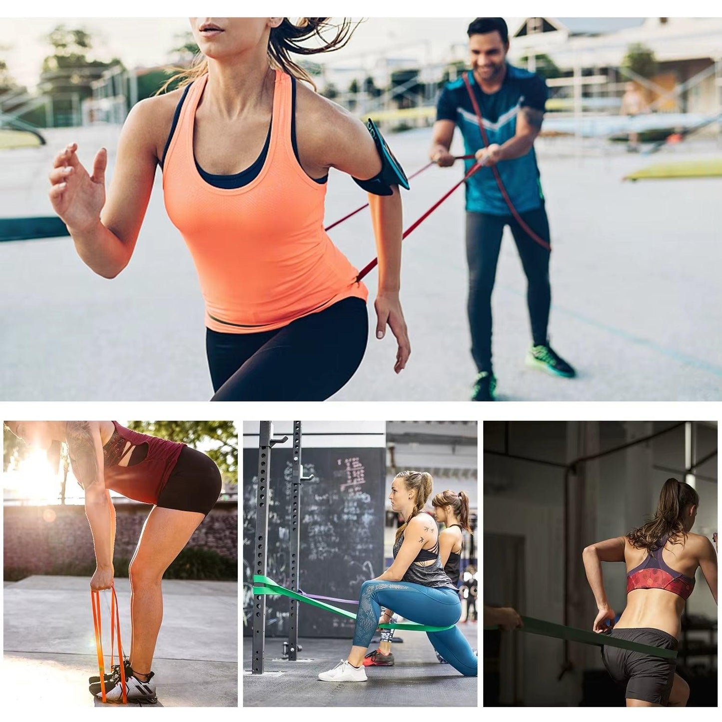 Utilisation des bandes de résistance pour divers exercices : sprint avec résistance, squat assisté, renforcement musculaire et gainage dynamique. Idéal pour le sport en extérieur et en salle.