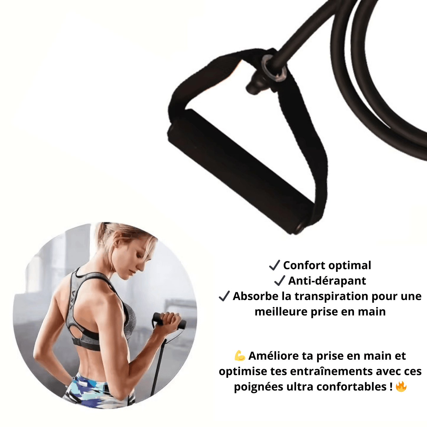 Poignées ergonomiques ultra-confortables pour élastiques de musculation. Antidérapantes et absorbant la transpiration pour une meilleure prise en main. Idéales pour des entraînements optimisés et sécurisés.