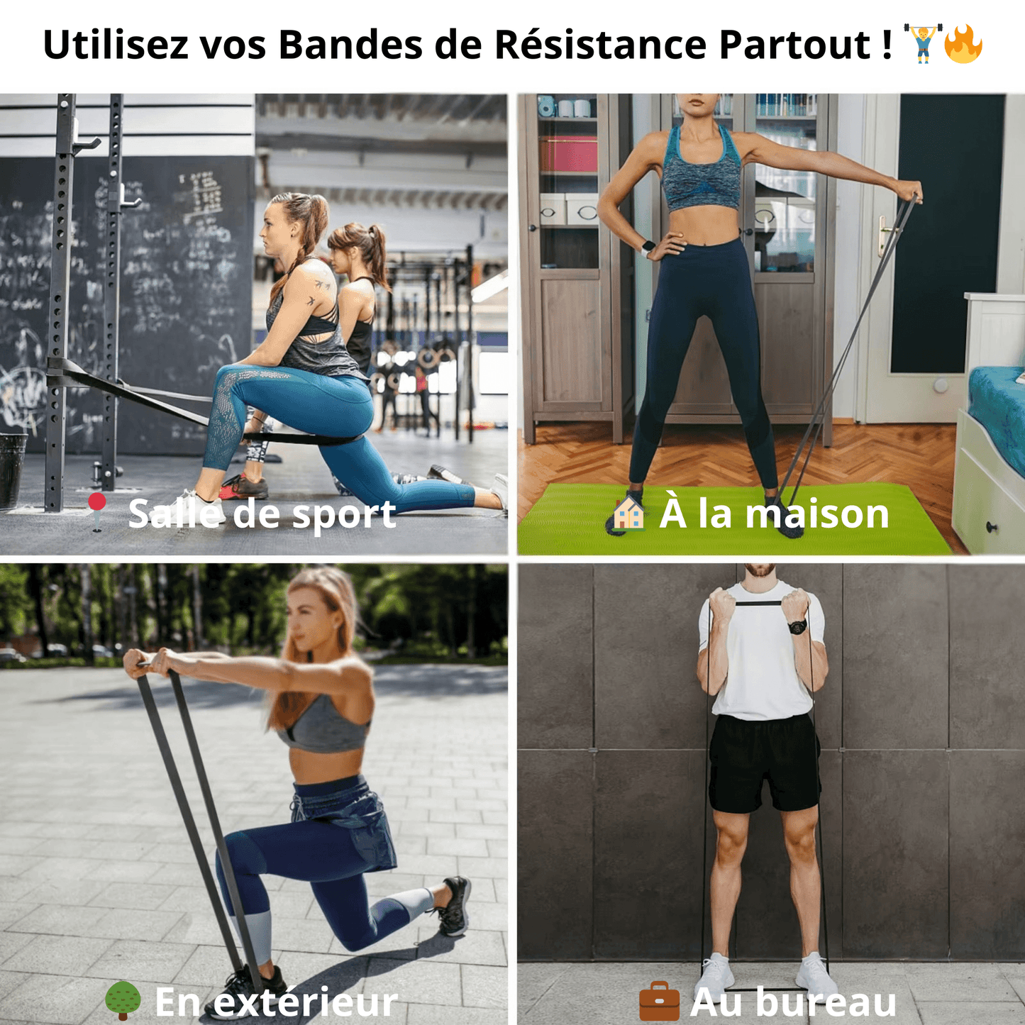 Illustration des différentes utilisations des bandes de résistance : en salle de sport, à la maison, en extérieur et au bureau. Accessoire polyvalent pour un entraînement efficace partout.