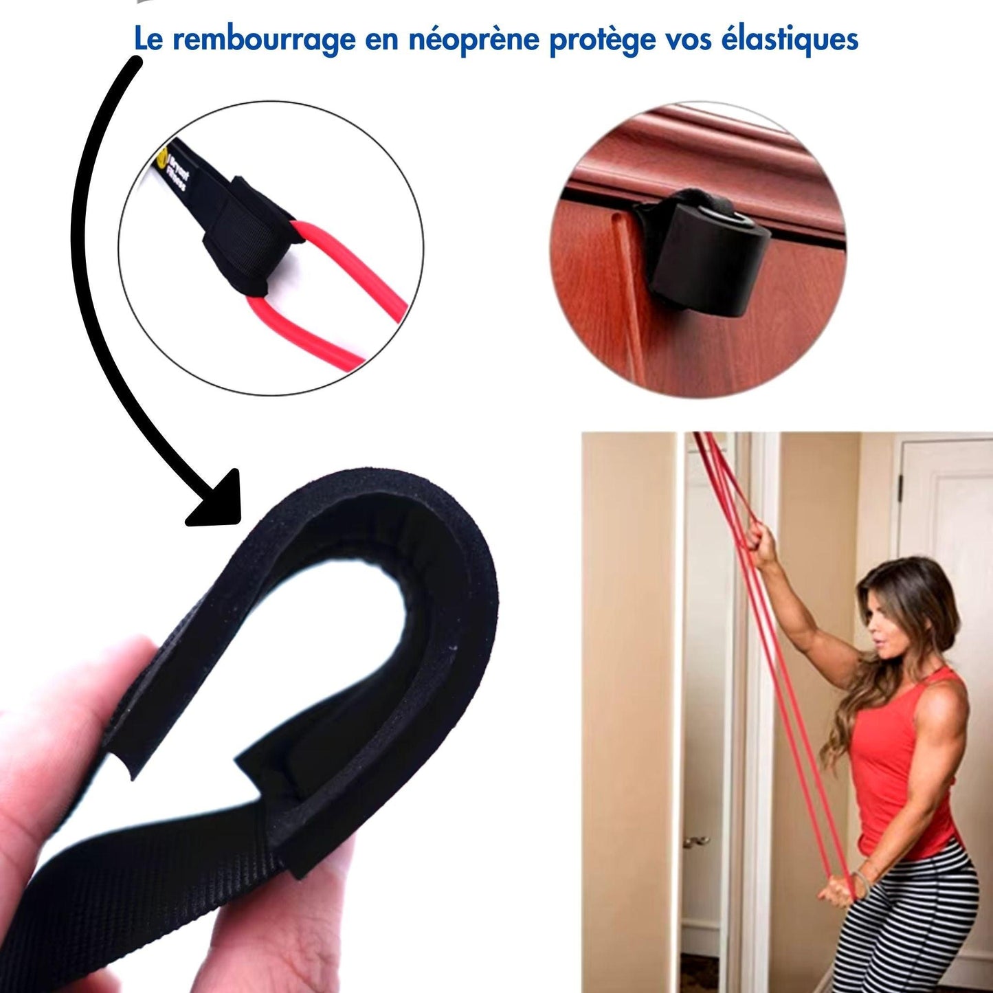 Ancrage de porte avec rembourrage en néoprène pour protéger les élastiques et garantir un entraînement sécurisé du haut et du bas du corps.