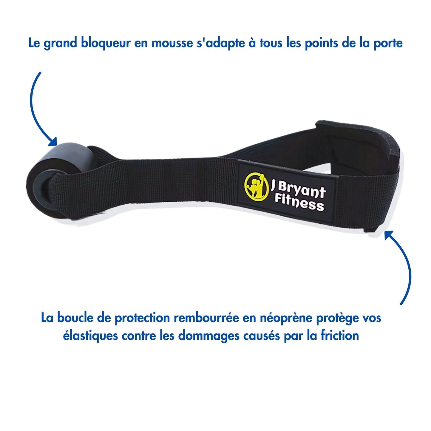 Ancrage de porte ultra-résistant avec bloqueur en mousse et boucle rembourrée en néoprène, idéal pour protéger les élastiques et garantir un entraînement sécurisé.