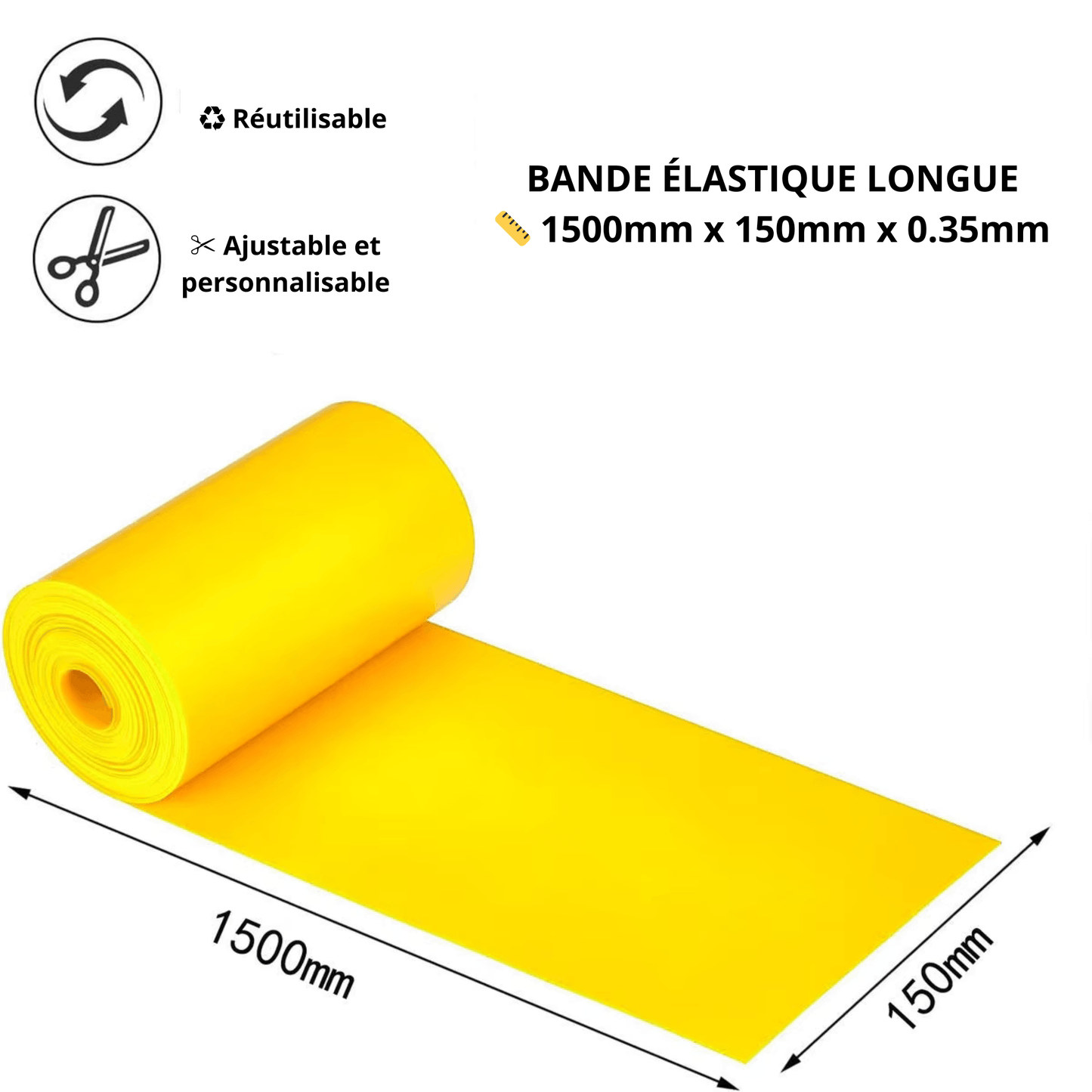 Bande élastique longue de 1500mm x 150mm, ajustable et réutilisable, idéale pour l'entraînement et la rééducation.