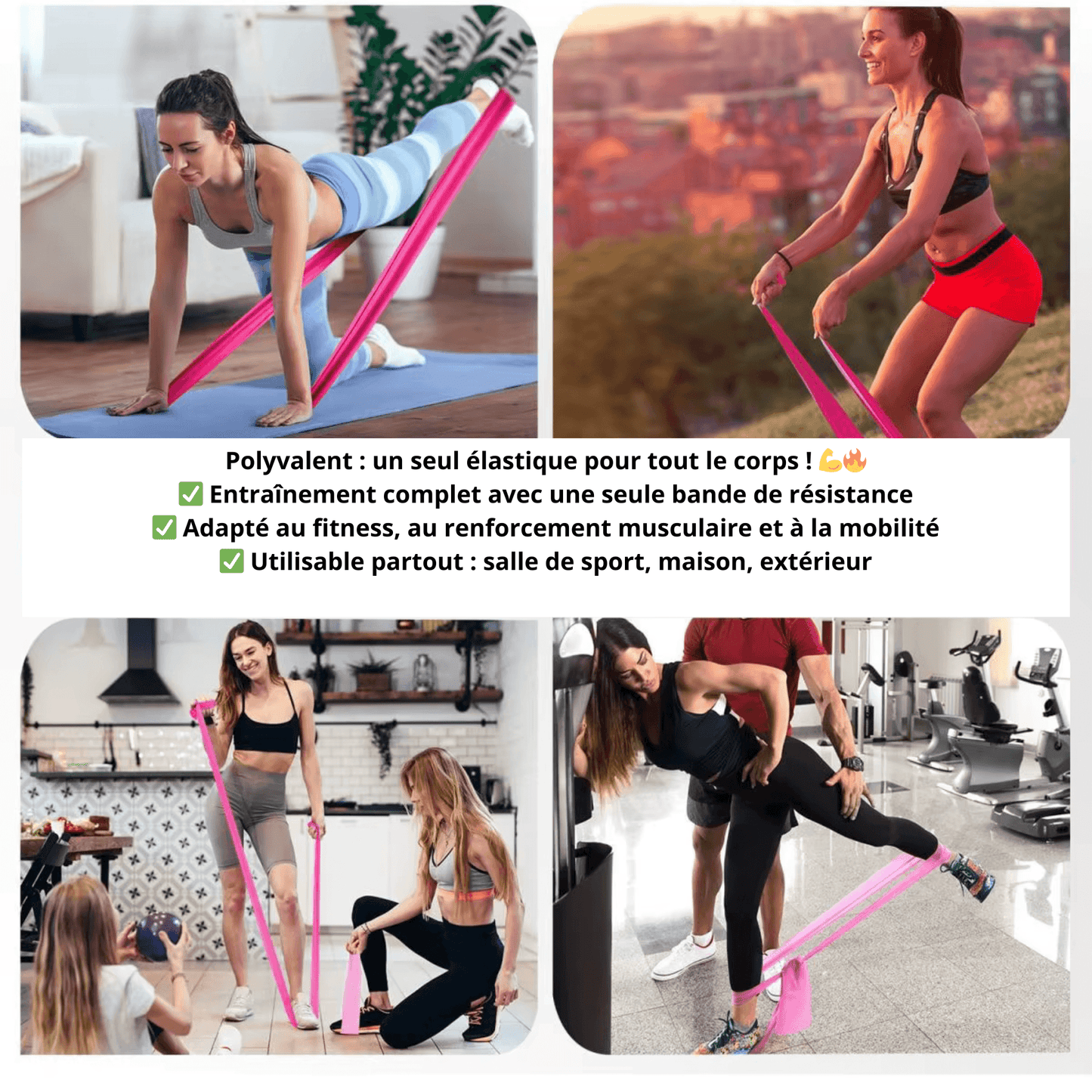 Bande élastique polyvalente pour le fitness, la musculation, le yoga et la rééducation. Adaptée à tous niveaux et utilisable partout : salle de sport, maison, extérieur.