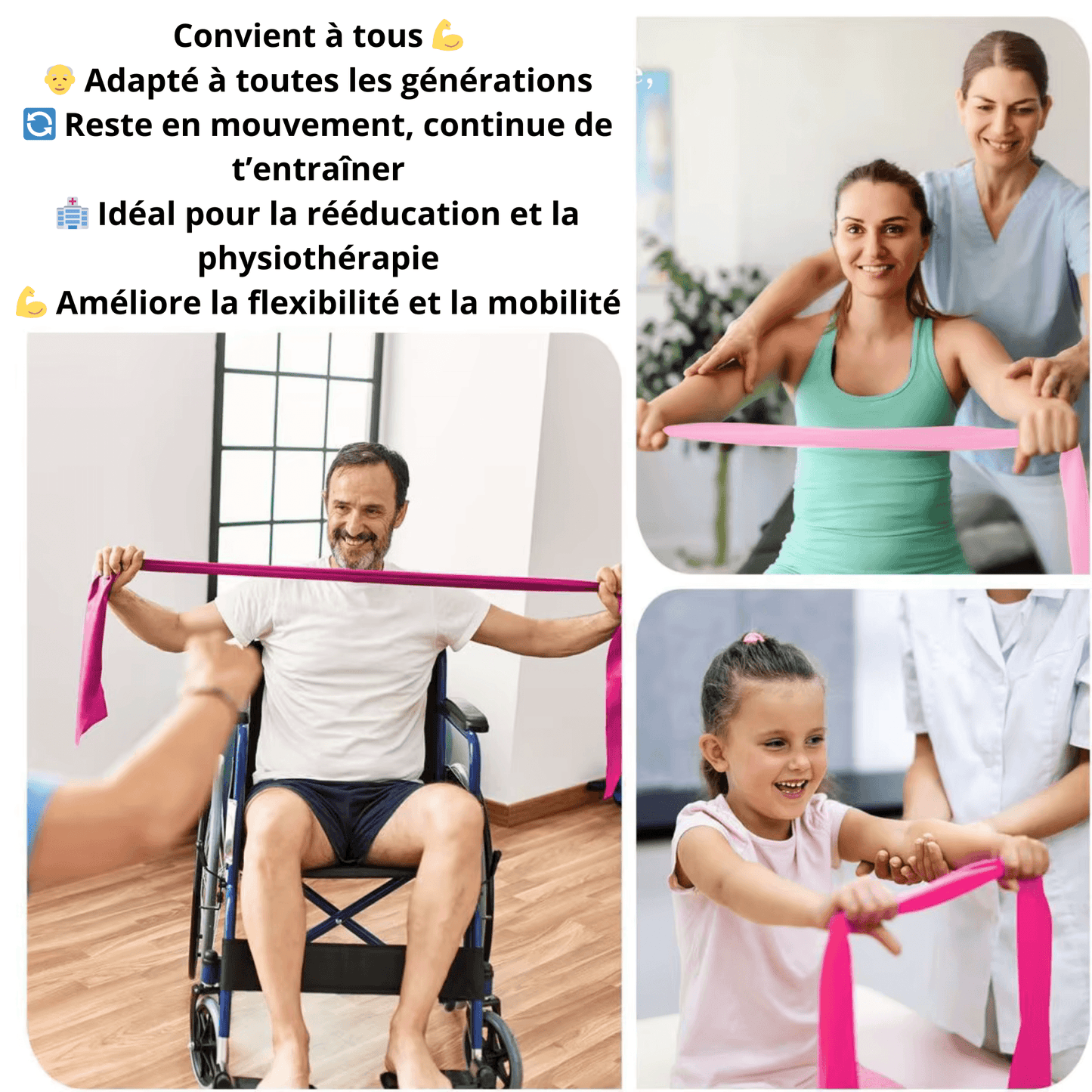Bande élastique adaptée à la rééducation, la physiothérapie et l'amélioration de la mobilité pour toutes les générations : enfants, adultes et seniors.