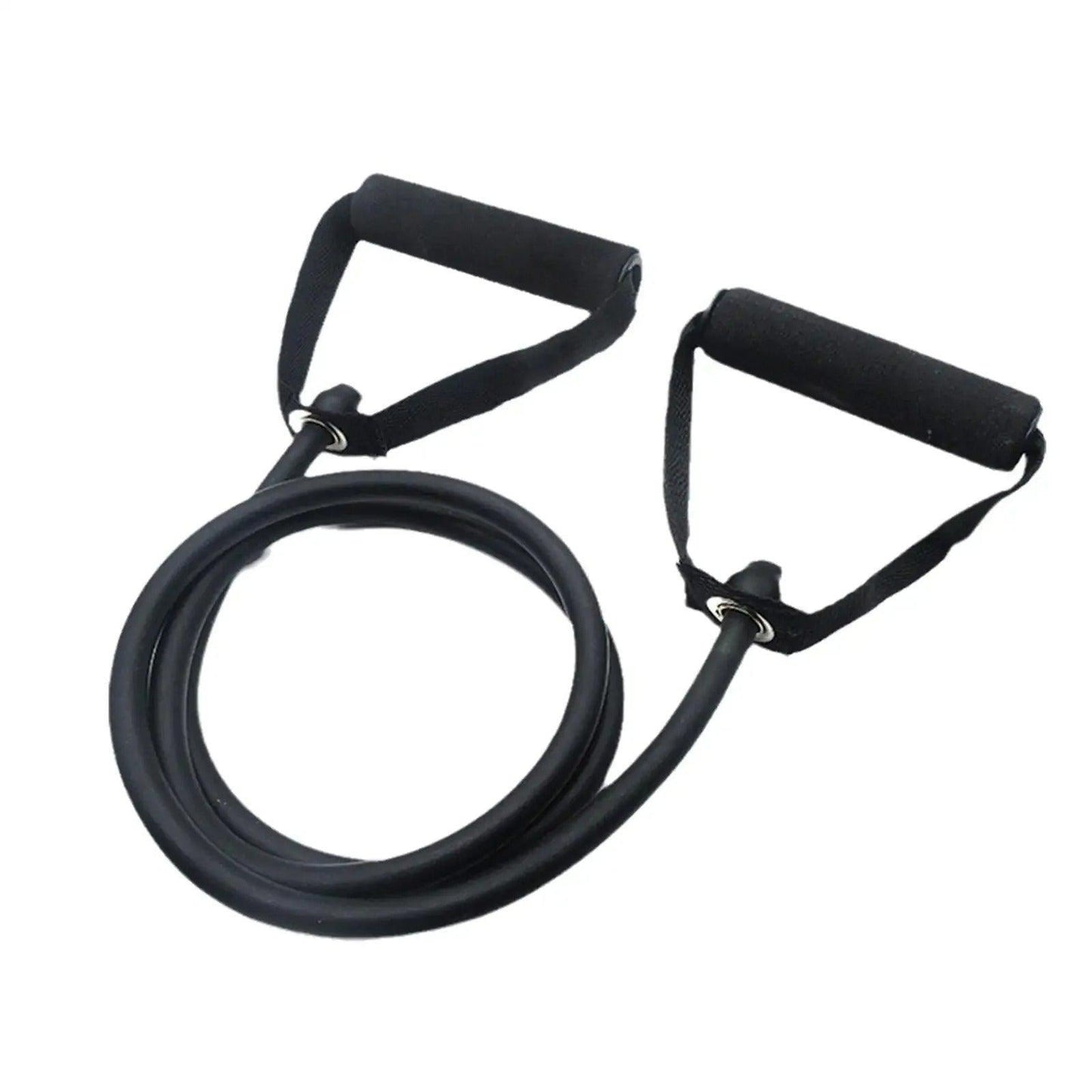 Élastique fitness noir avec poignées ergonomiques en mousse, idéal pour le renforcement musculaire, le fitness et la rééducation, offrant une tension adaptée à tous les niveaux d'entraînement.