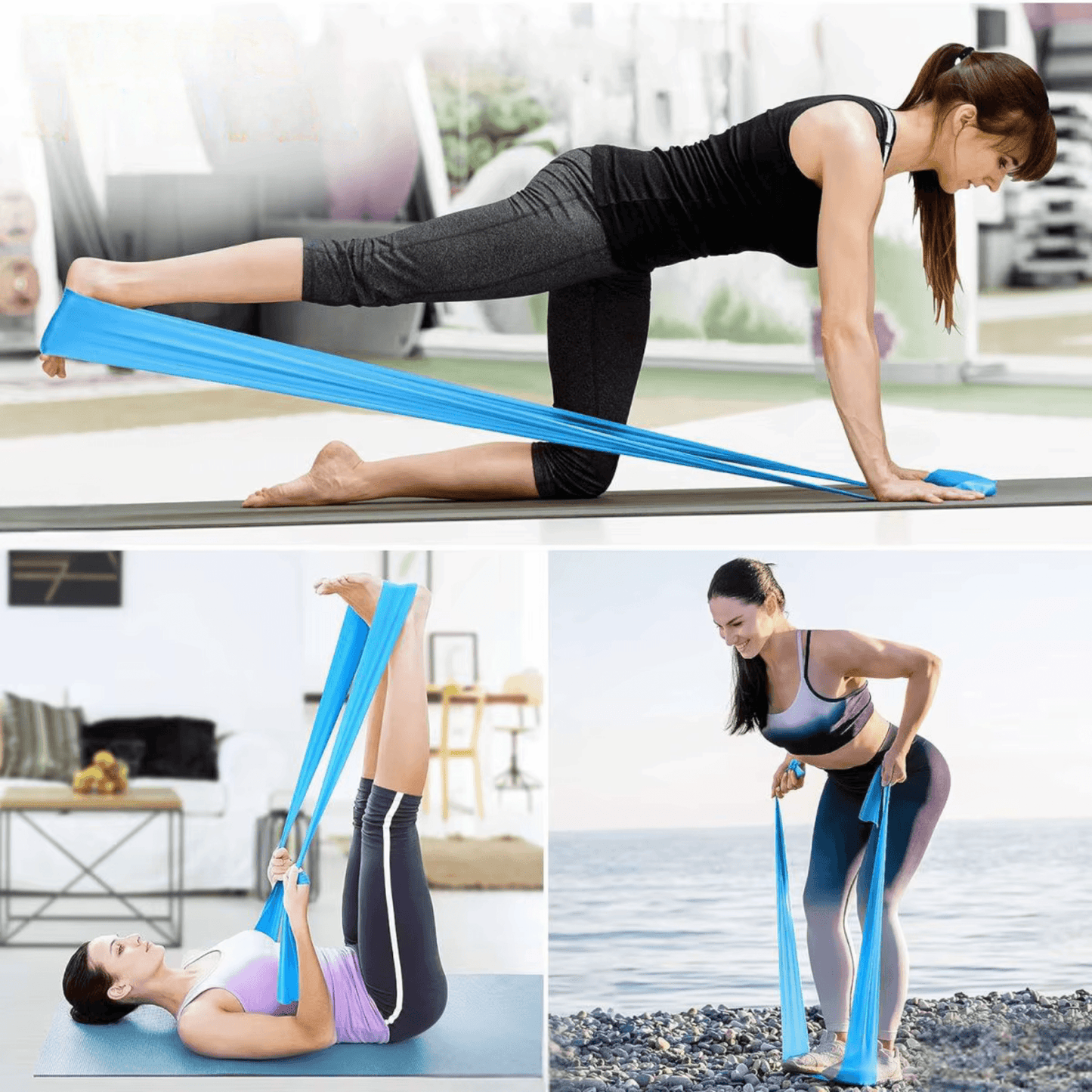 Femme réalisant des exercices de yoga et d'étirement avec un élastique de musculation, idéal pour la souplesse et le renforcement musculaire.