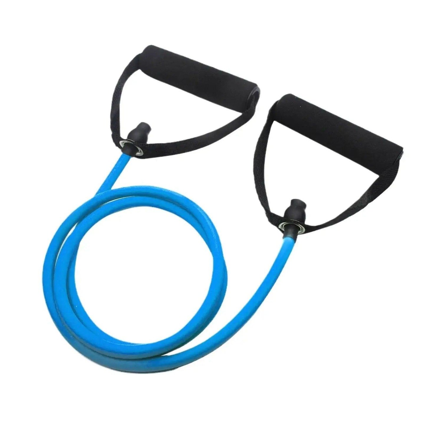 Tube élastique de résistance bleu avec poignées rembourrées, parfait pour les exercices de musculation, de fitness et de rééducation, offrant une tension progressive pour un entraînement efficace.