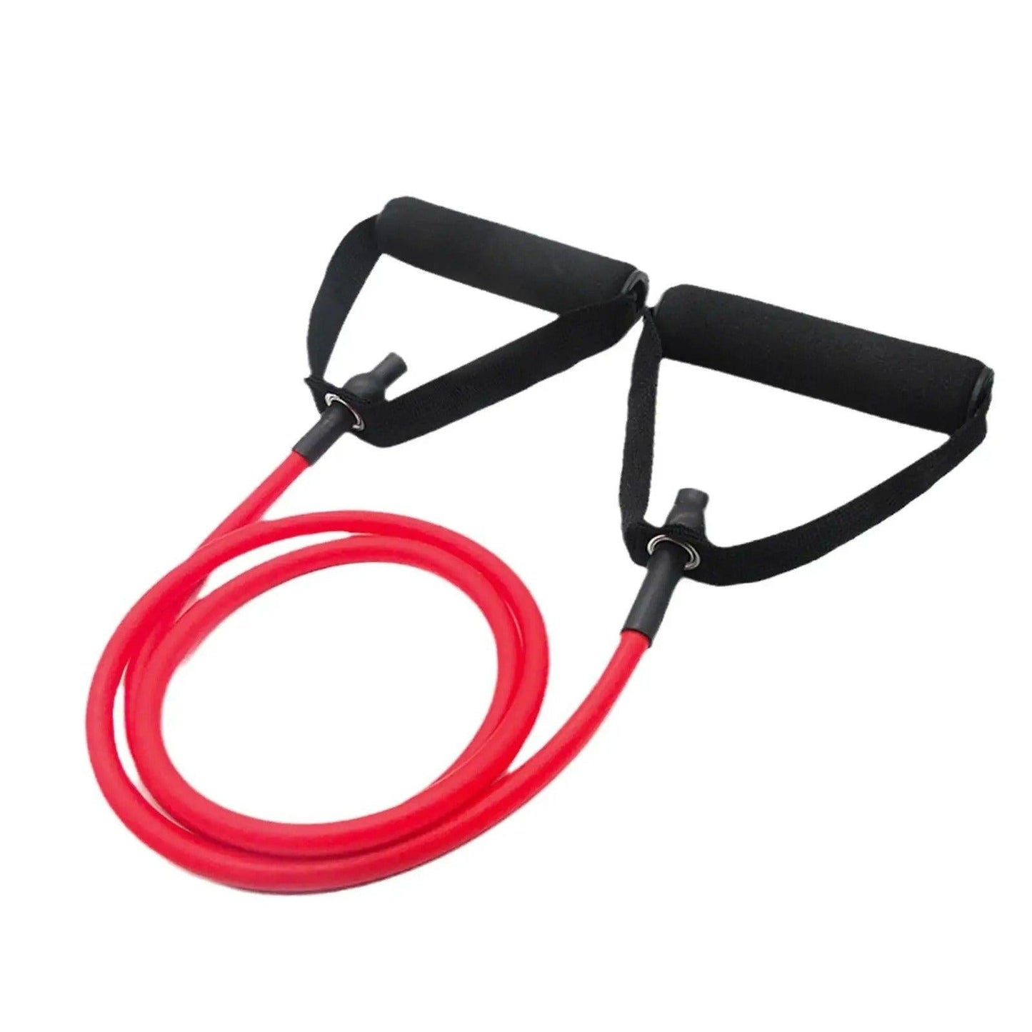 Tube élastique de résistance rouge avec poignées rembourrées, idéal pour les exercices de musculation, de fitness et de rééducation, permettant un entraînement complet du corps avec une tension progressive.
