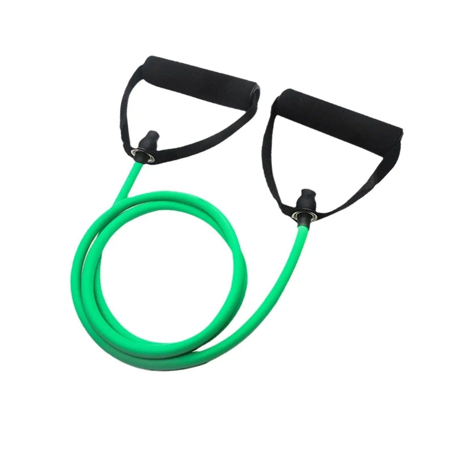 Tube élastique de résistance vert avec poignées rembourrées en mousse, conçu pour le fitness, la musculation et la rééducation, offrant une intensité modulable pour tous les niveaux.