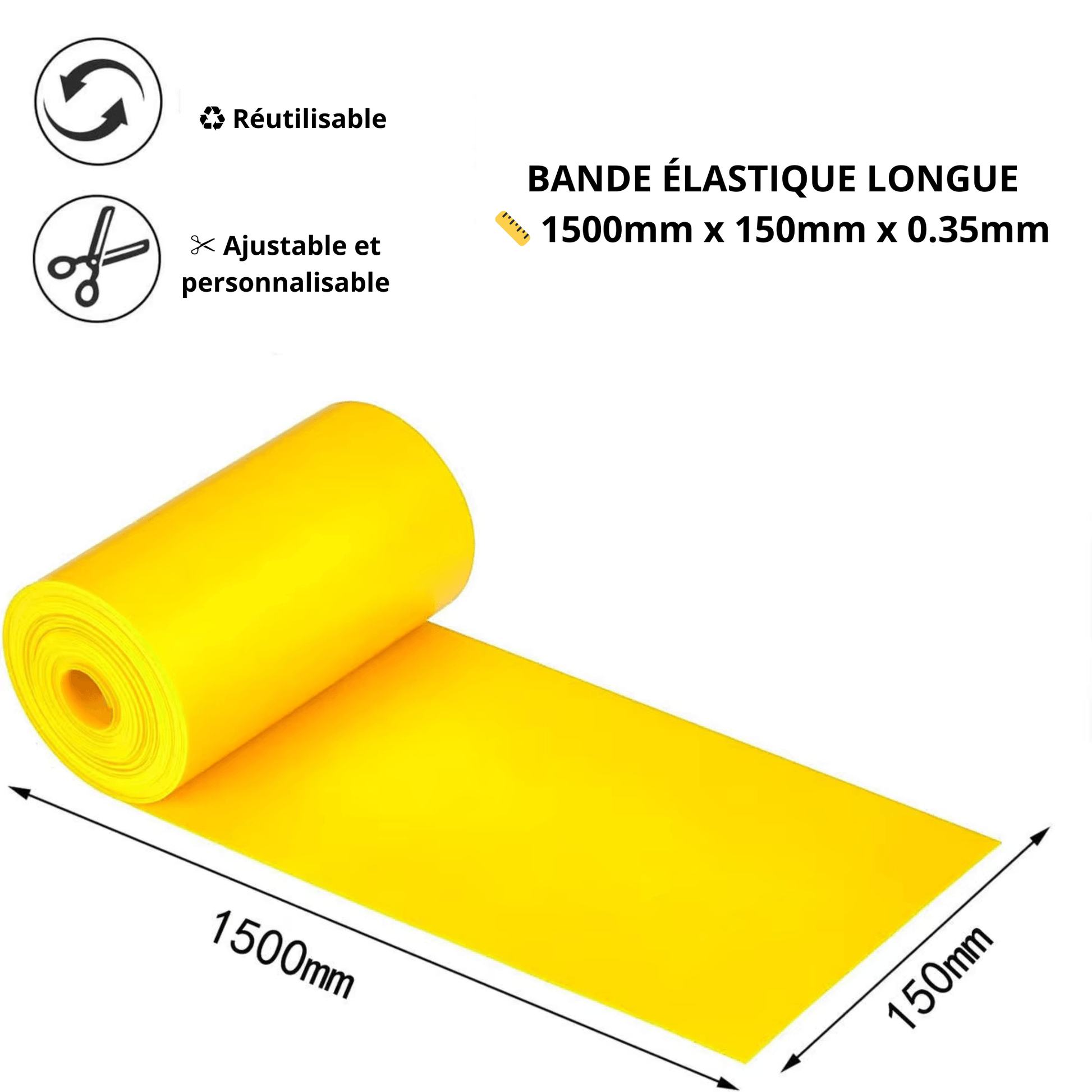 Bande élastique longue de 1500mm x 150mm, ajustable et réutilisable, idéale pour l'entraînement et la rééducation.